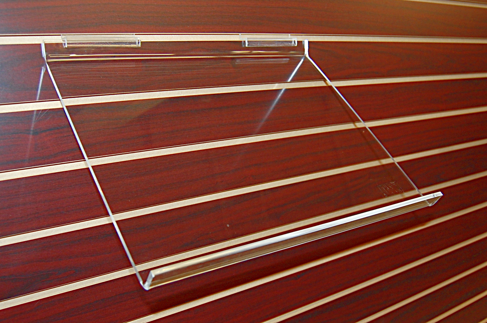 ACRYLIC SLATWALL SLANTED SHELF WITH LIP 16" X 12" Detroit Store