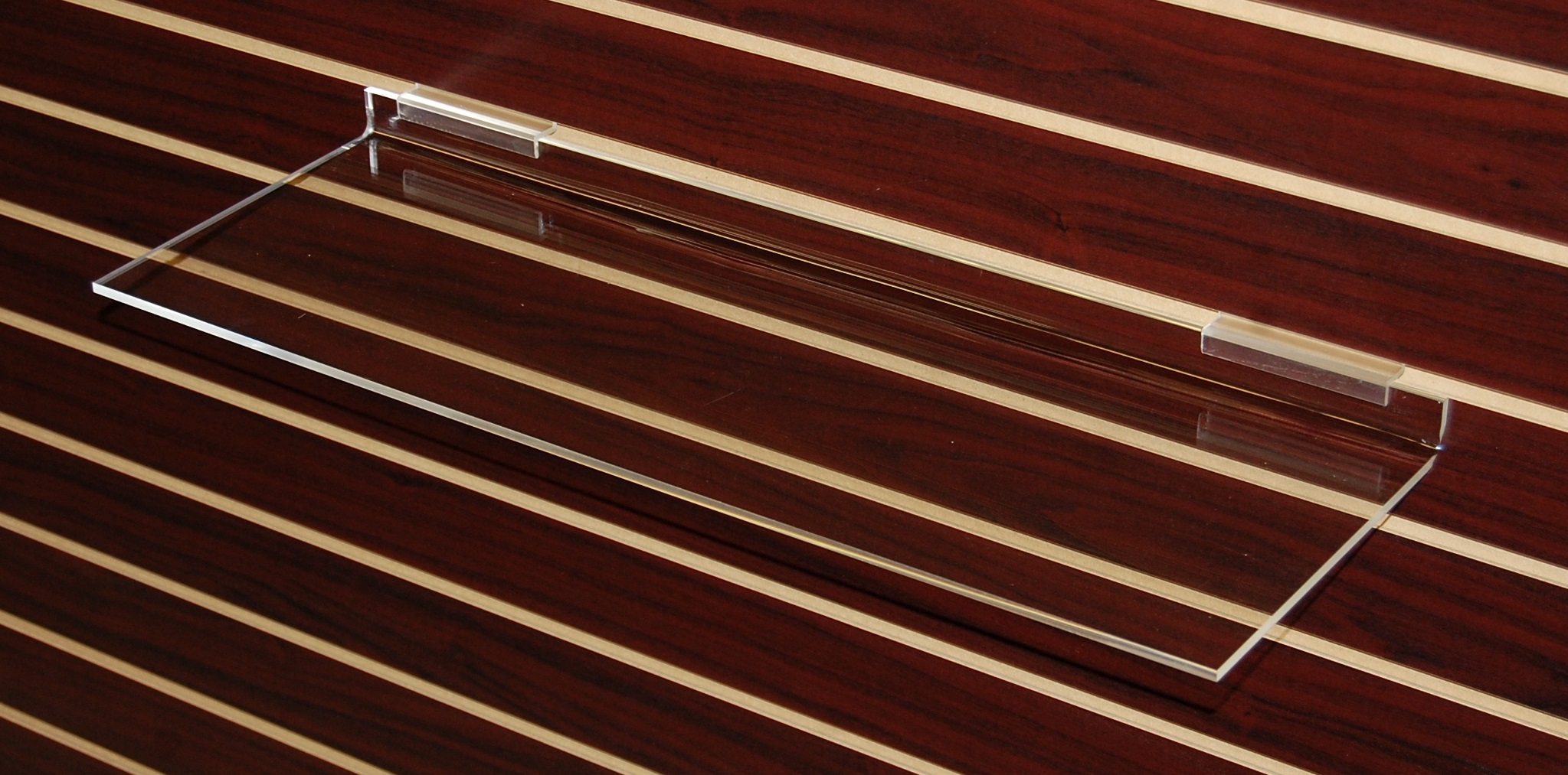 ACRYLIC SLATWALL SLANTED SHELF WITH LIP 16″ X 12″ Detroit Store FIxture