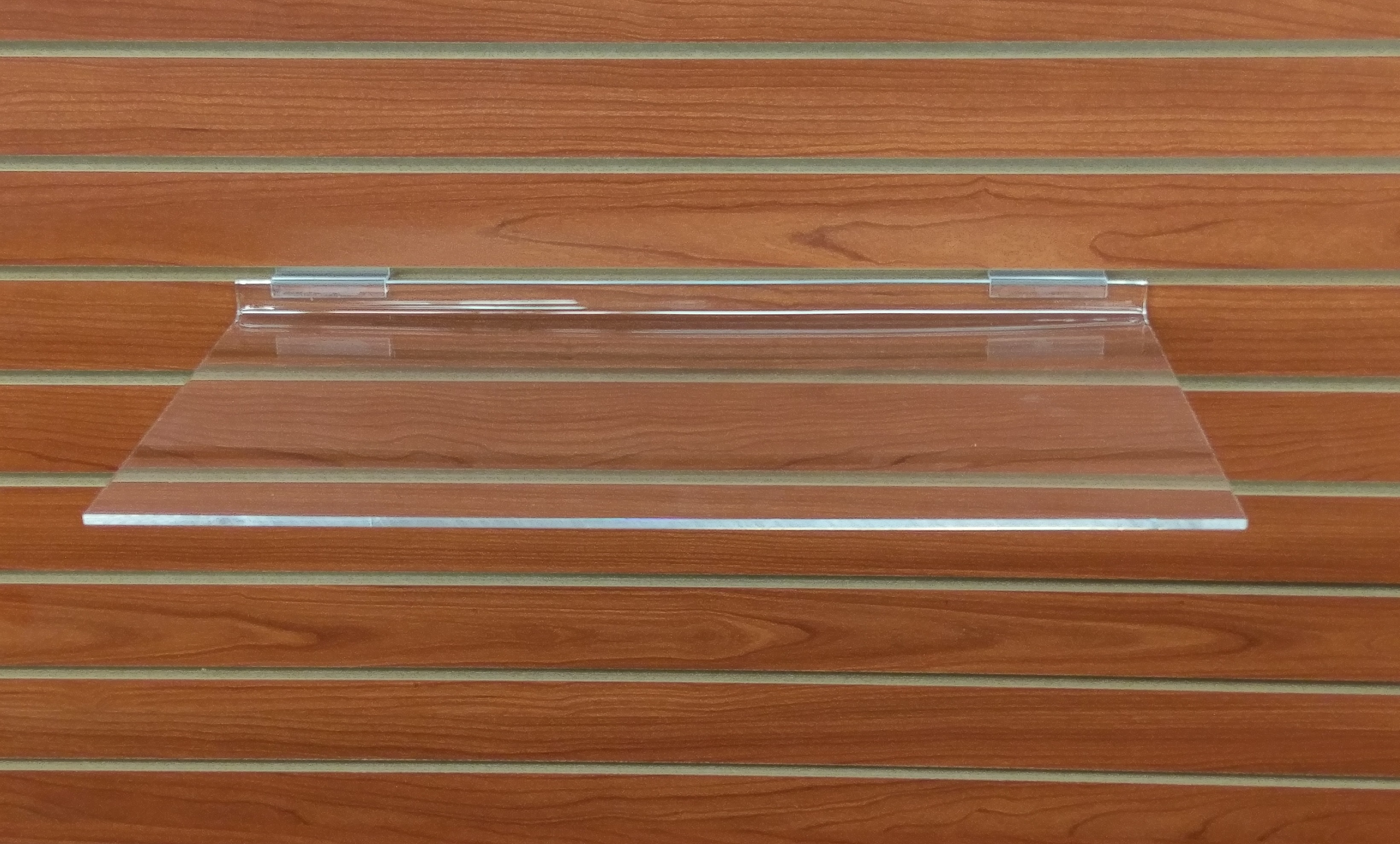 ACRYLIC SLATWALL SLANTED SHELF WITH LIP 16″ X 12″ Detroit Store FIxture